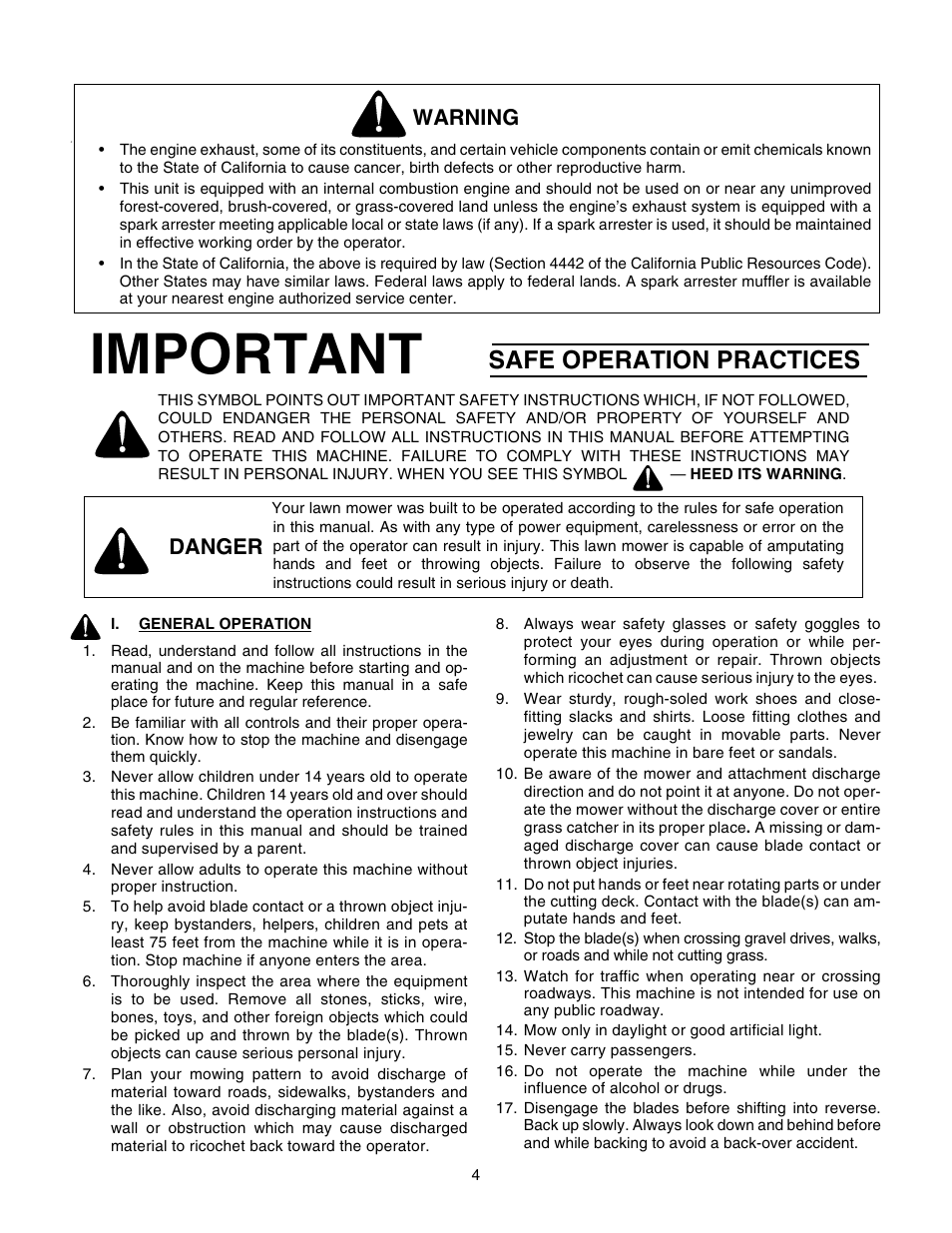Important, Safe operation practices, Warning | Danger | Cub Cadet GT-2550 User Manual | Page 4 / 56
