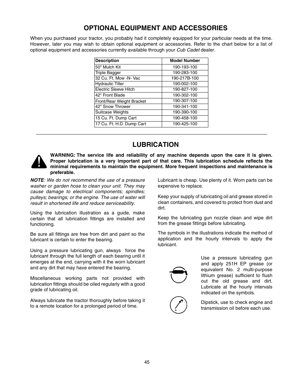 Optional equipment and accessories, Lubrication | Cub Cadet GT-2550 User Manual | Page 45 / 56