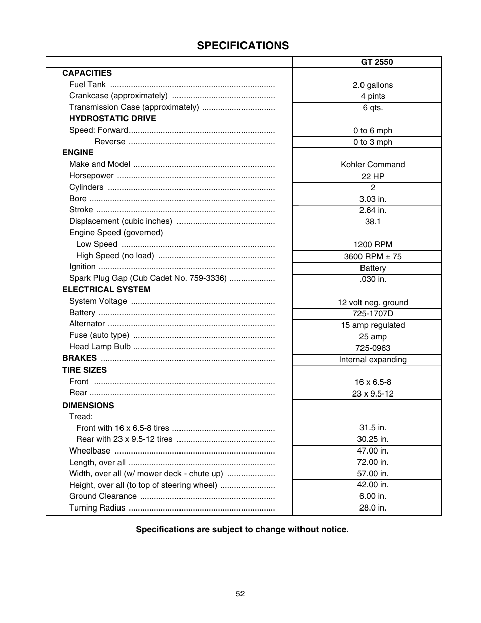 Specifications | Cub Cadet GT-2550 User Manual | Page 52 / 56