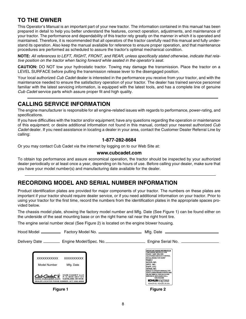Calling service information, Recording model and serial number information | Cub Cadet GT-2554 User Manual | Page 8 / 60