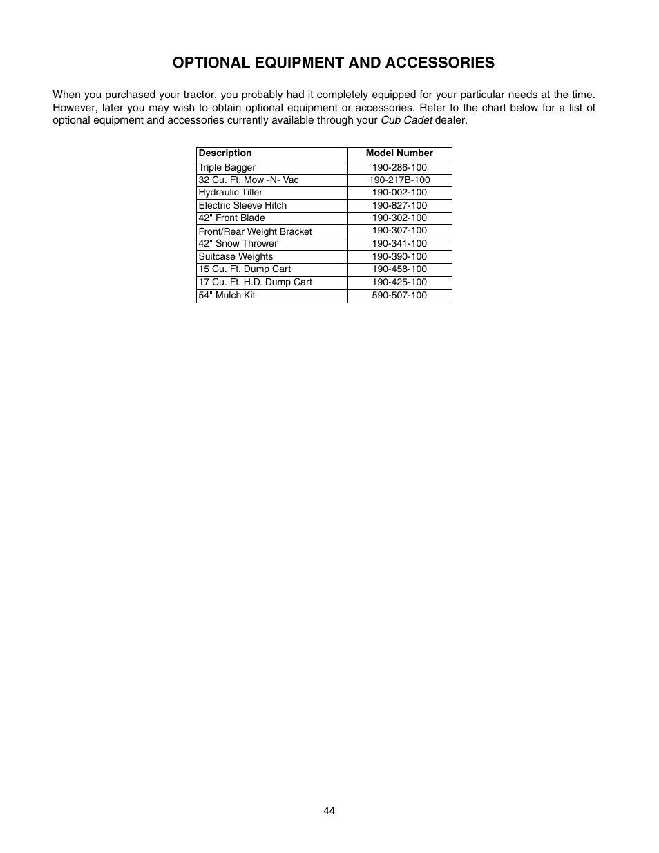 Optional equipment and accessories | Cub Cadet GT-2554 User Manual | Page 44 / 56