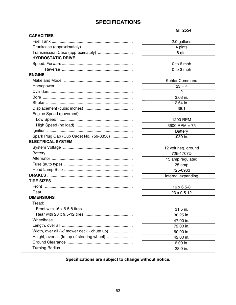 Specifications | Cub Cadet GT-2554 User Manual | Page 52 / 56