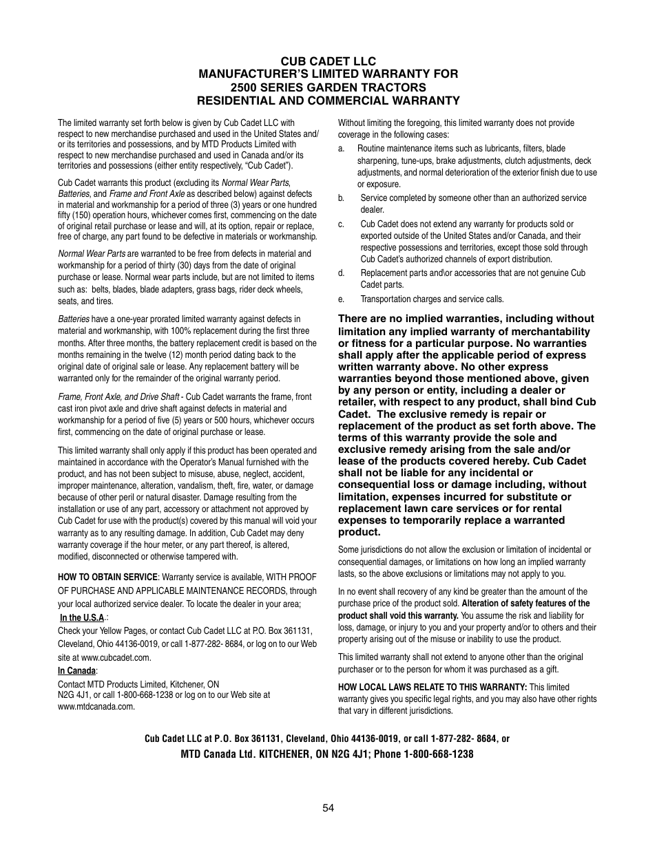Cub Cadet GT-2554 User Manual | Page 54 / 56