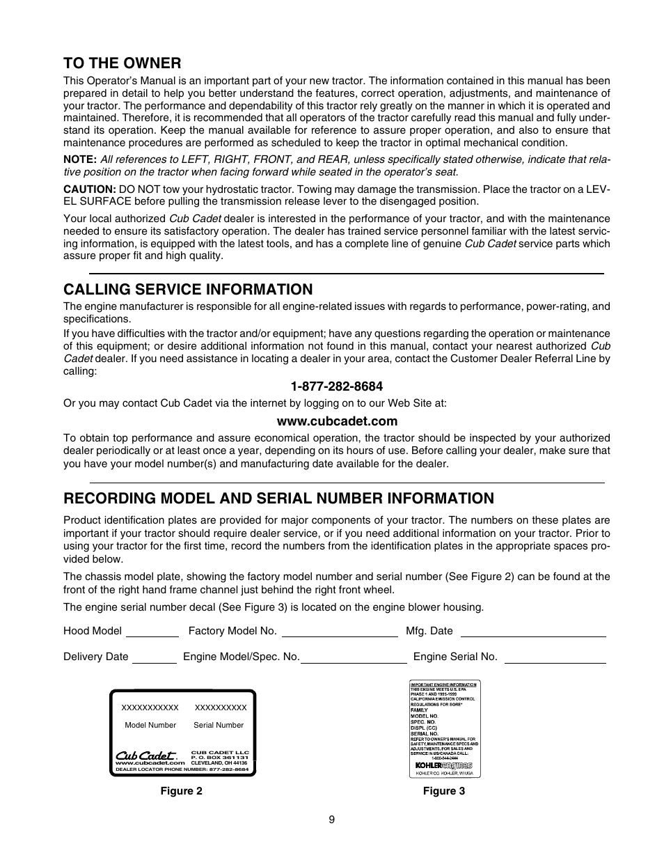 Calling service information, Recording model and serial number information | Cub Cadet GT-2554 User Manual | Page 9 / 56