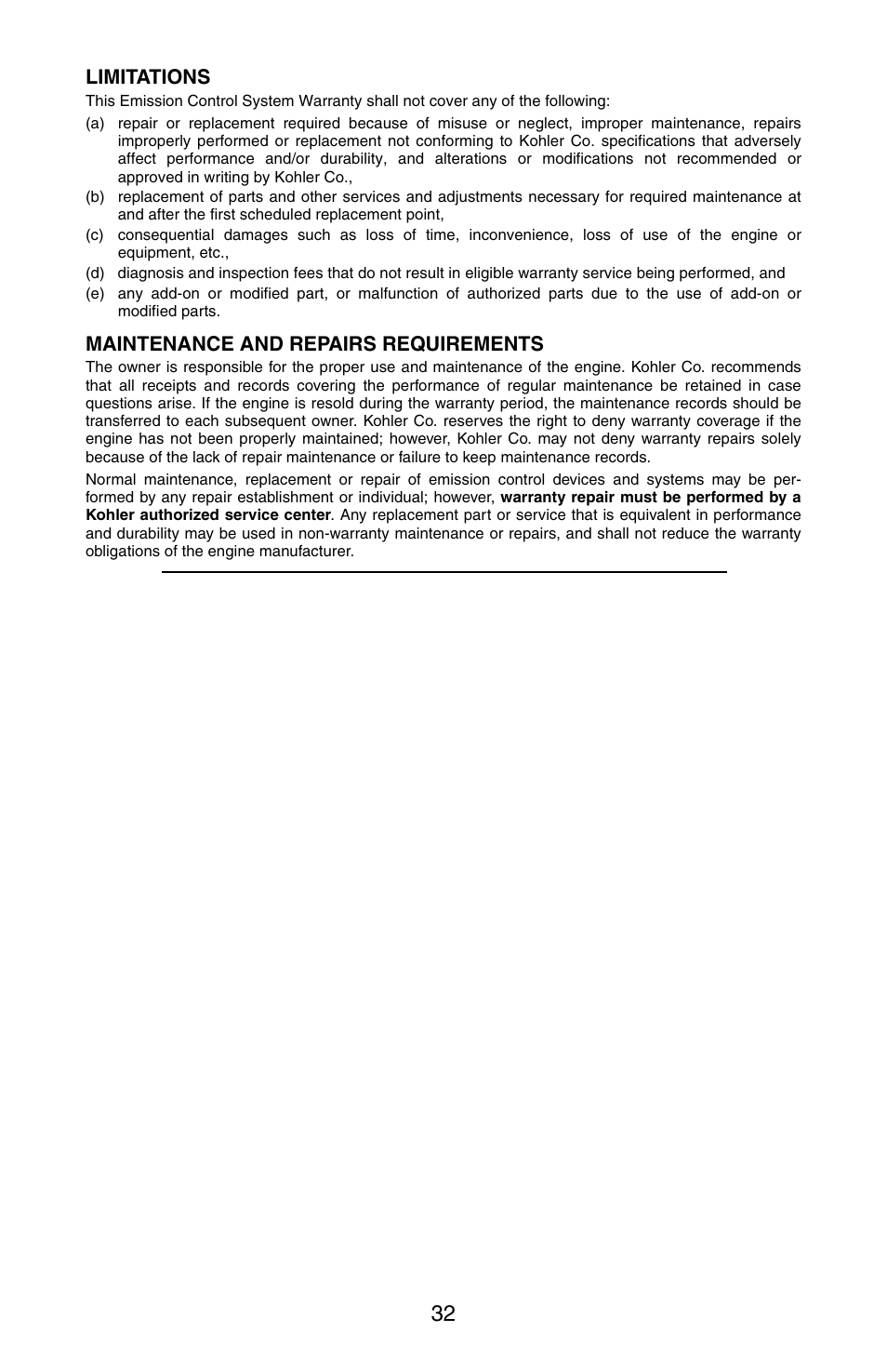Limitations, Maintenance and repairs requirements | Cub Cadet GT-3100 User Manual | Page 32 / 48