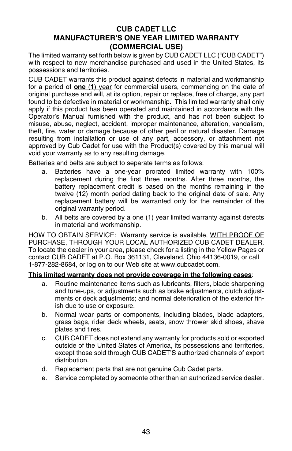 Cub Cadet GT-3100 User Manual | Page 43 / 48
