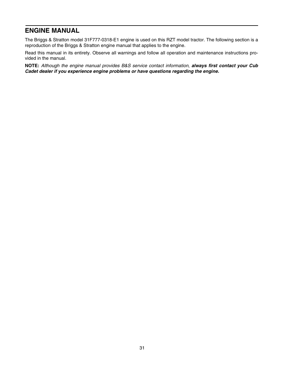 Engine manual | Cub Cadet RZT42 User Manual | Page 31 / 52