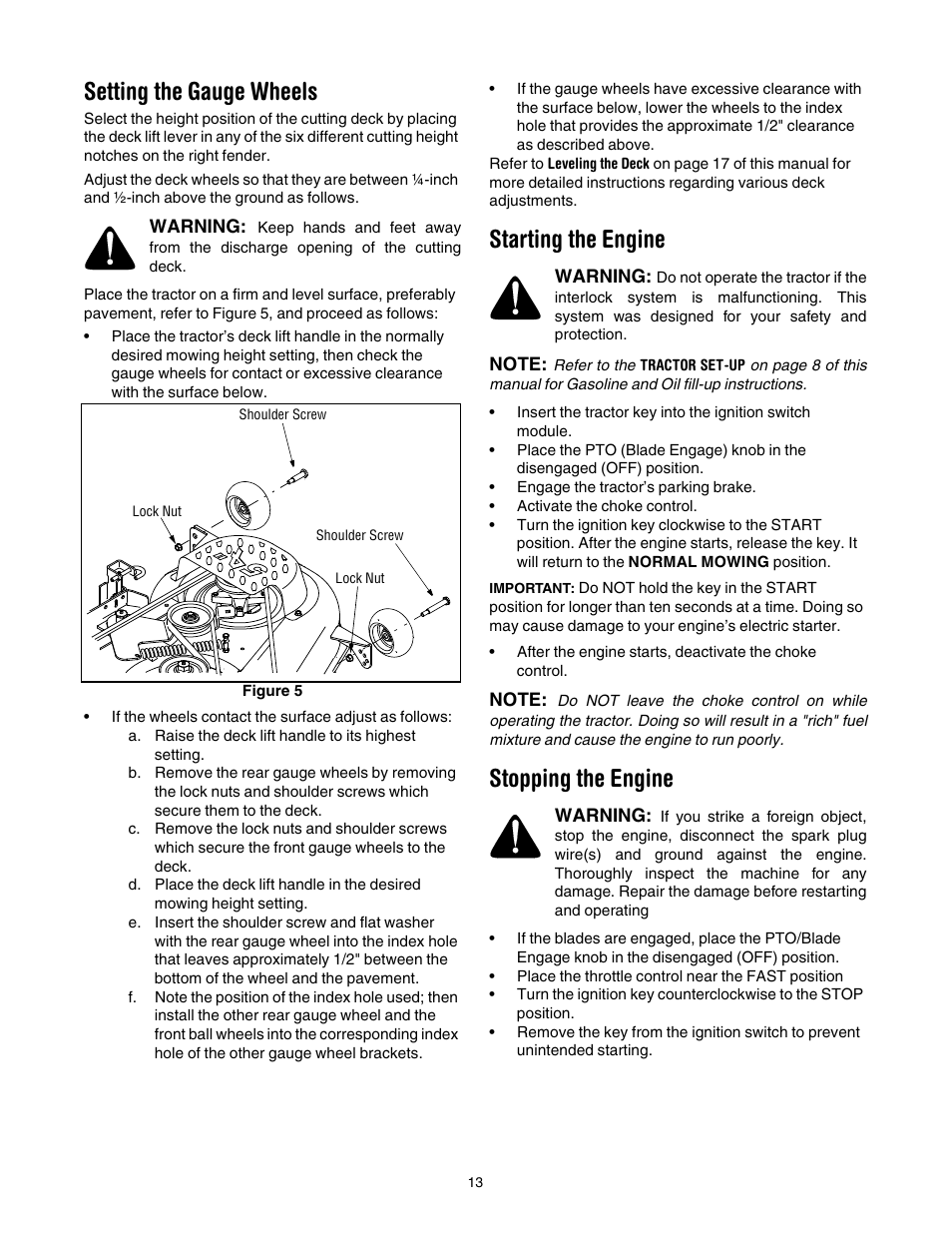 Setting the gauge wheels, Starting the engine, Stopping the engine | E 13, 13 of | Cub Cadet SLT-1554 User Manual | Page 13 / 36