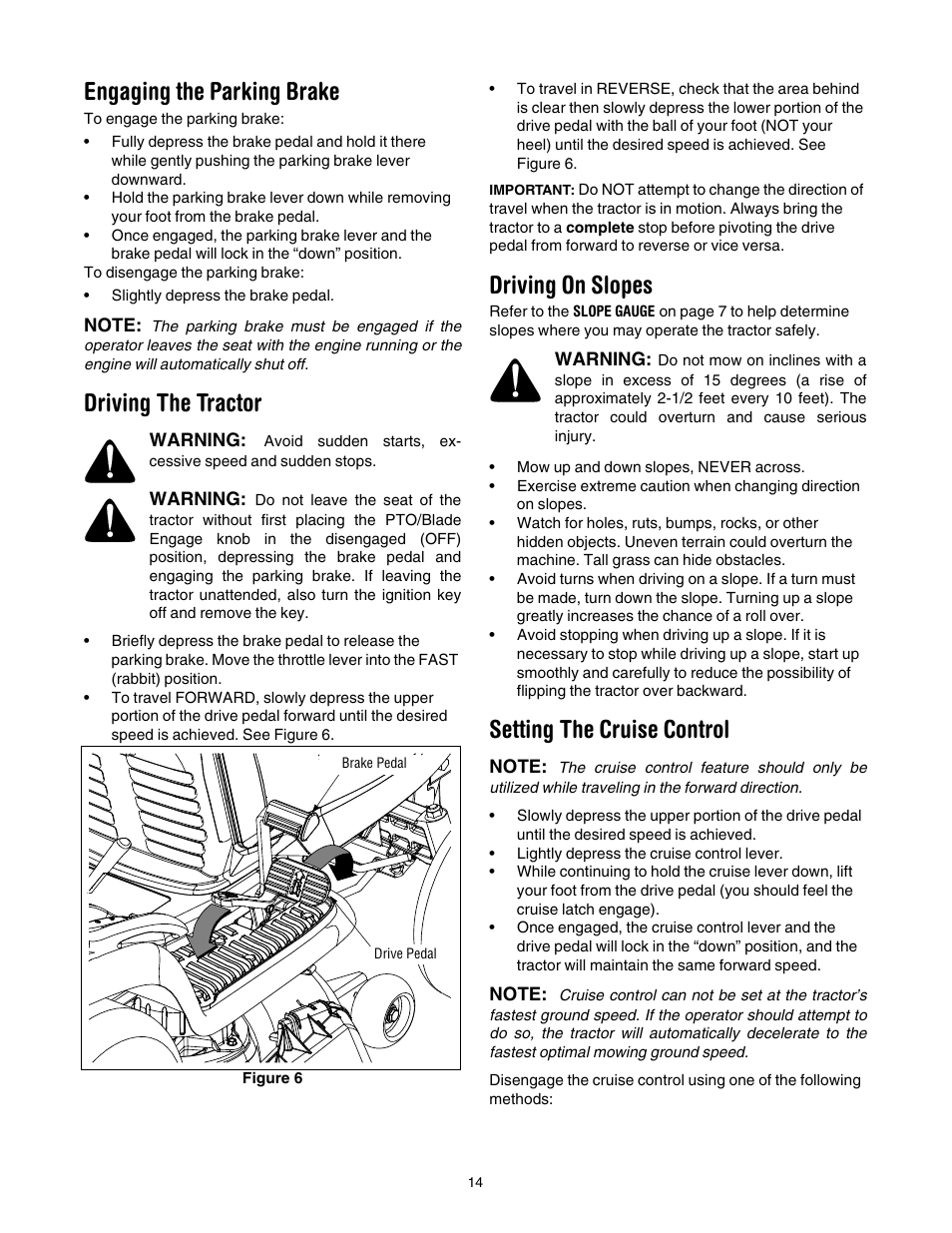 Engaging the parking brake, Driving the tractor, Driving on slopes | Setting the cruise control | Cub Cadet SLT-1554 User Manual | Page 14 / 36