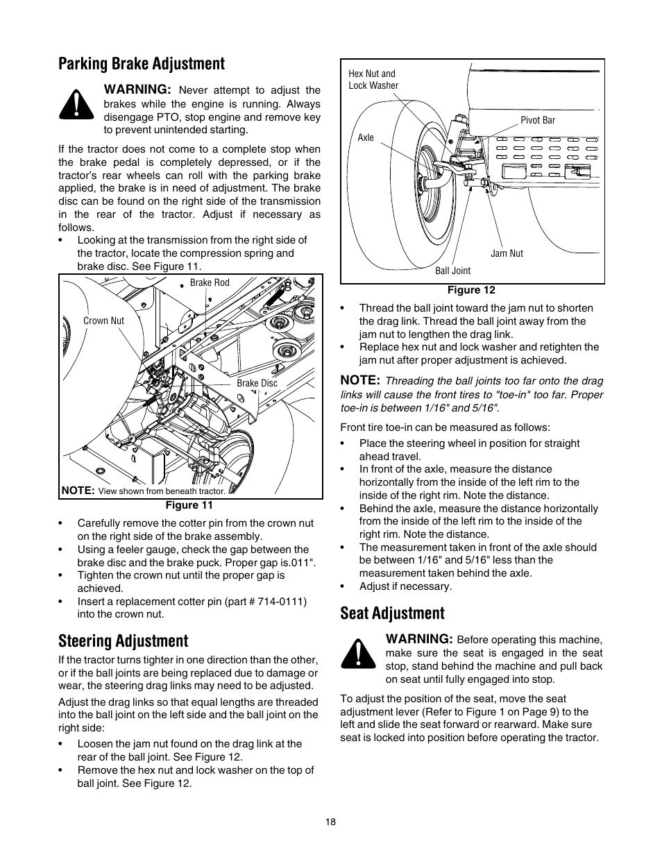 Parking brake adjustment, Steering adjustment, Seat adjustment | 18 of, E figure, Figu, See fig | Cub Cadet SLT-1554 User Manual | Page 18 / 36