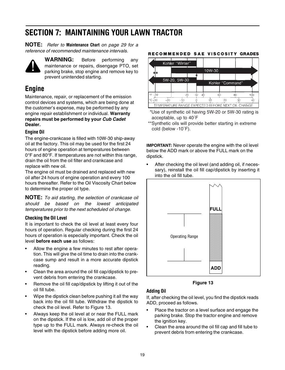 Section 7: maintaining your lawn tractor, Engine, 19 of | Cub Cadet SLT-1554 User Manual | Page 19 / 36