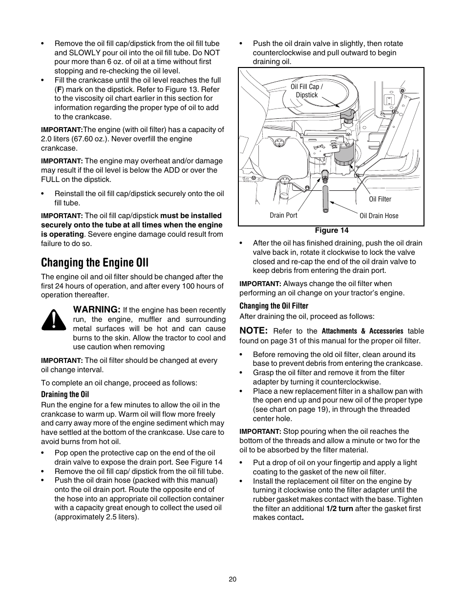 Changing the engine oil | Cub Cadet SLT-1554 User Manual | Page 20 / 36