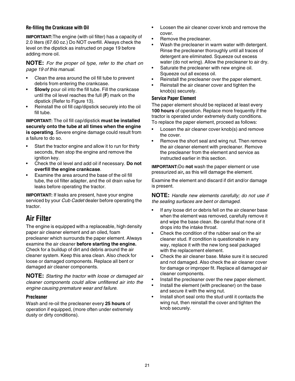 Air filter | Cub Cadet SLT-1554 User Manual | Page 21 / 36