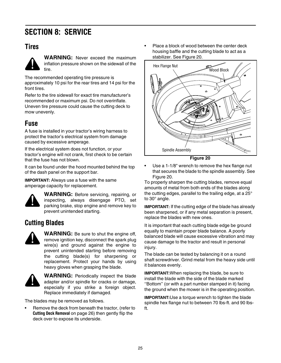 Section 8: service, Tires, Fuse | Cutting blades, 25 f | Cub Cadet SLT-1554 User Manual | Page 25 / 36