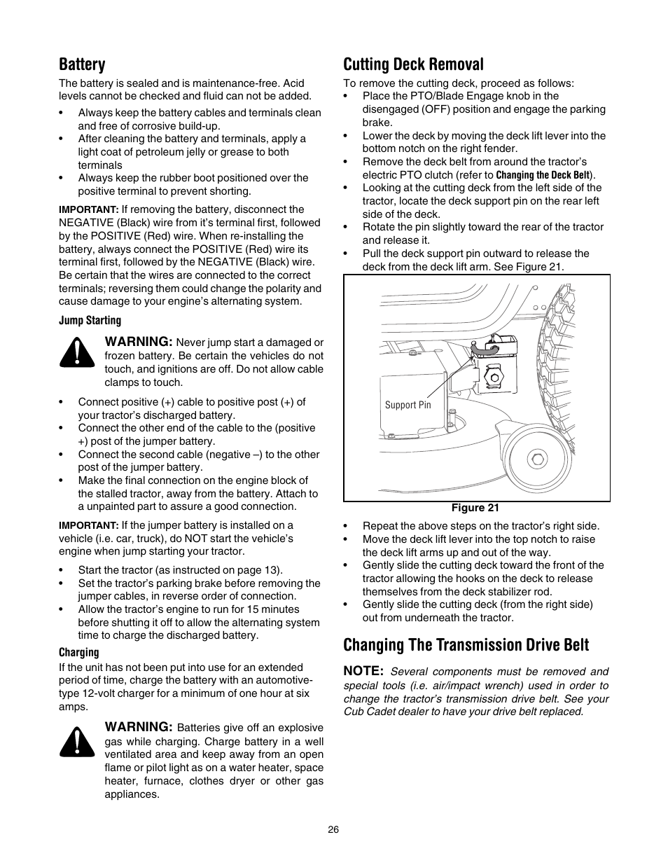 Battery, Cutting deck removal, Changing the transmission drive belt | E 26 of | Cub Cadet SLT-1554 User Manual | Page 26 / 36