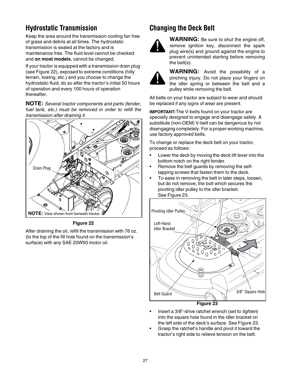 Hydrostatic transmission, Changing the deck belt | Cub Cadet SLT-1554 User Manual | Page 27 / 36