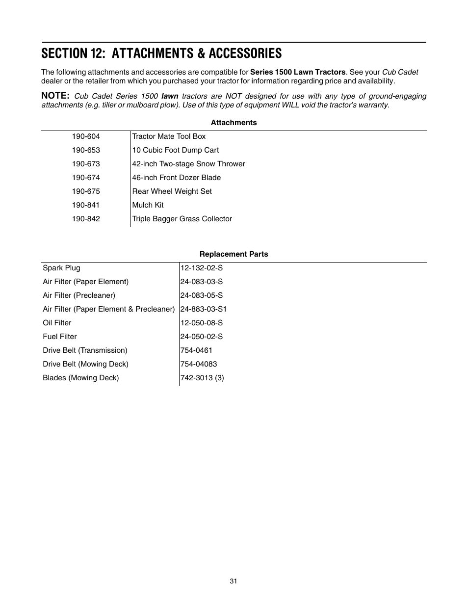 Section 12: attachments & accessories, E 31 of | Cub Cadet SLT-1554 User Manual | Page 31 / 36