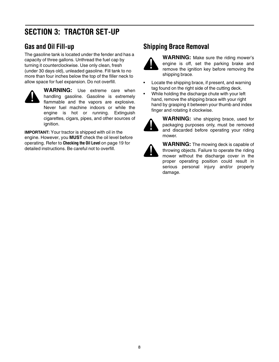 Section 3: tractor set-up, Gas and oil fill-up, Shipping brace removal | Cub Cadet SLT-1554 User Manual | Page 8 / 36