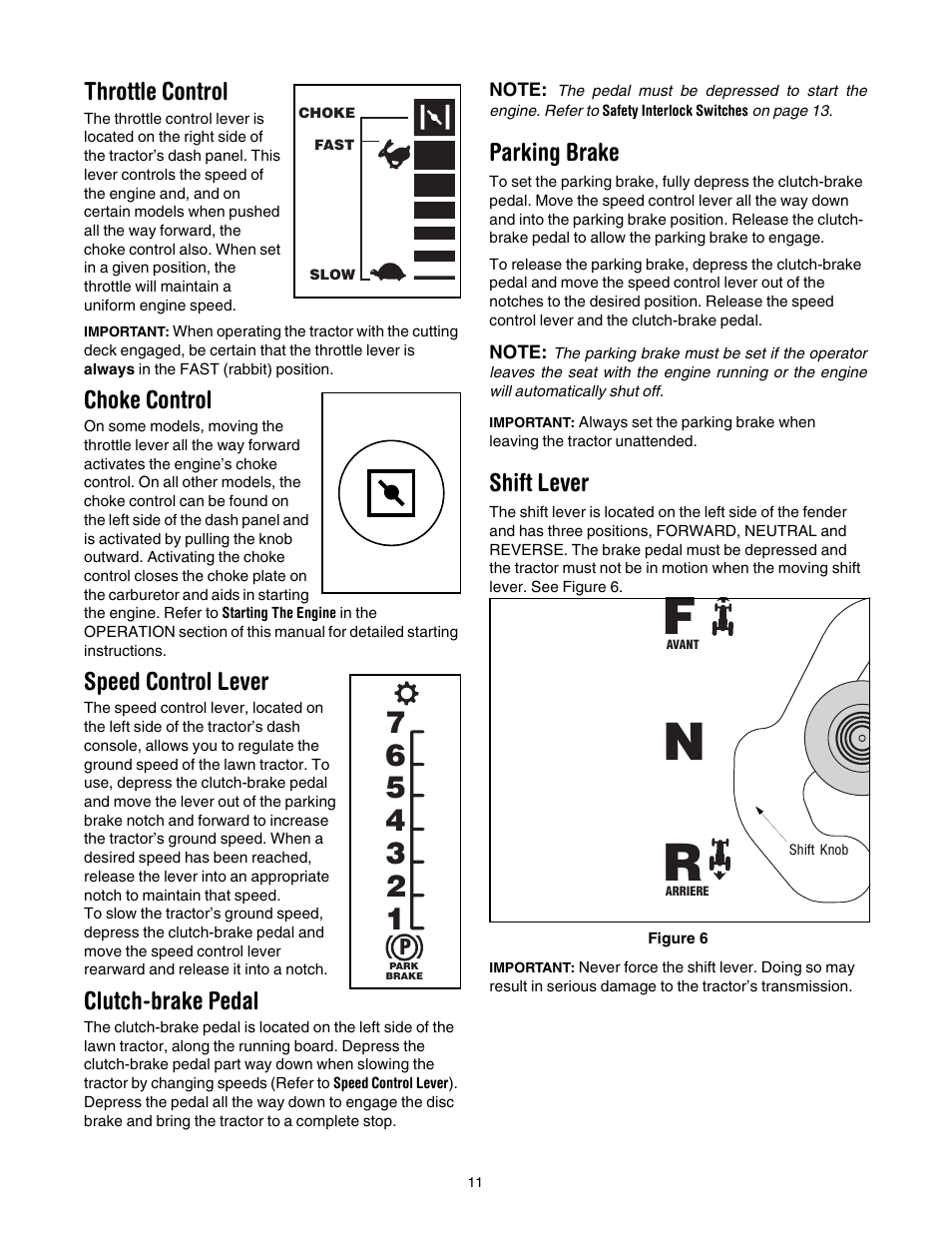 Fn r, Throttle control, Choke control | Speed control lever, Clutch-brake pedal, Parking brake, Shift lever | Cub Cadet WLT538 User Manual | Page 11 / 47