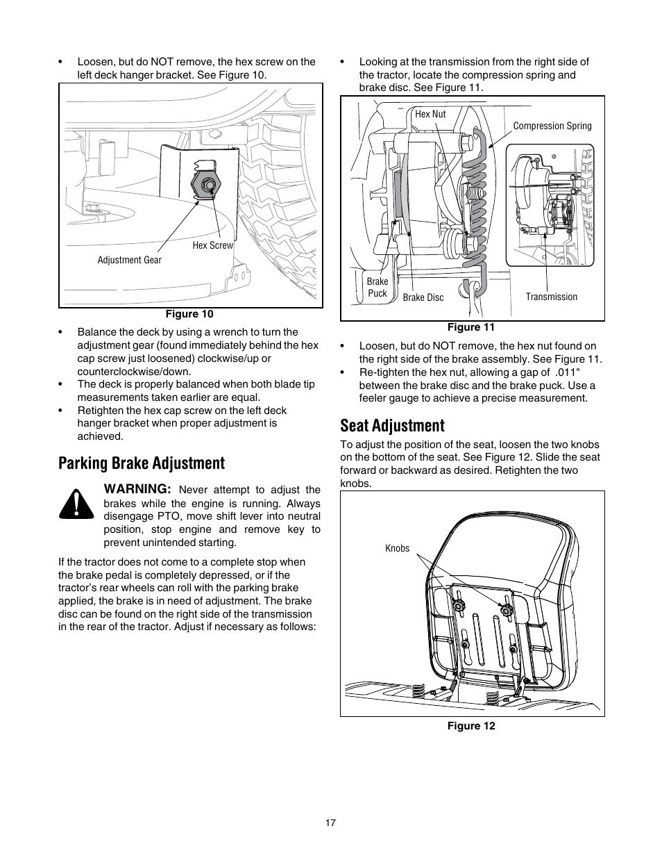 Parking brake adjustment, Seat adjustment | Cub Cadet WLT538 User Manual | Page 17 / 47