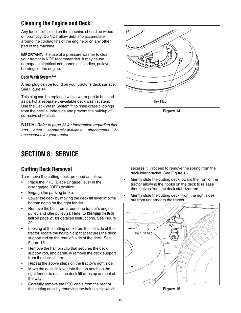 Cleaning the engine and deck, Cutting deck removal | Cub Cadet WLT538 User Manual | Page 19 / 47