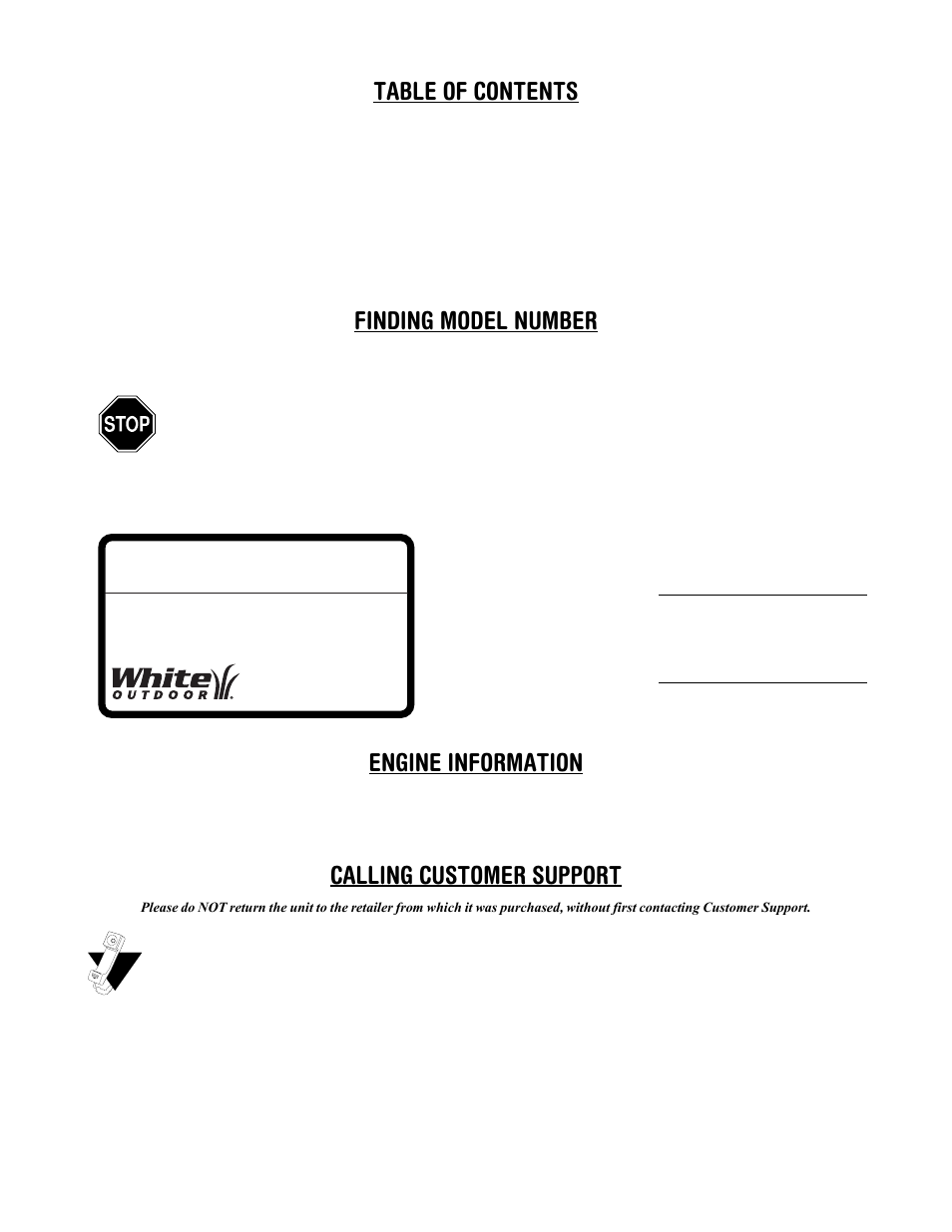 Table of contents finding model number, Engine information, Calling customer support | Cub Cadet WLT538 User Manual | Page 2 / 47
