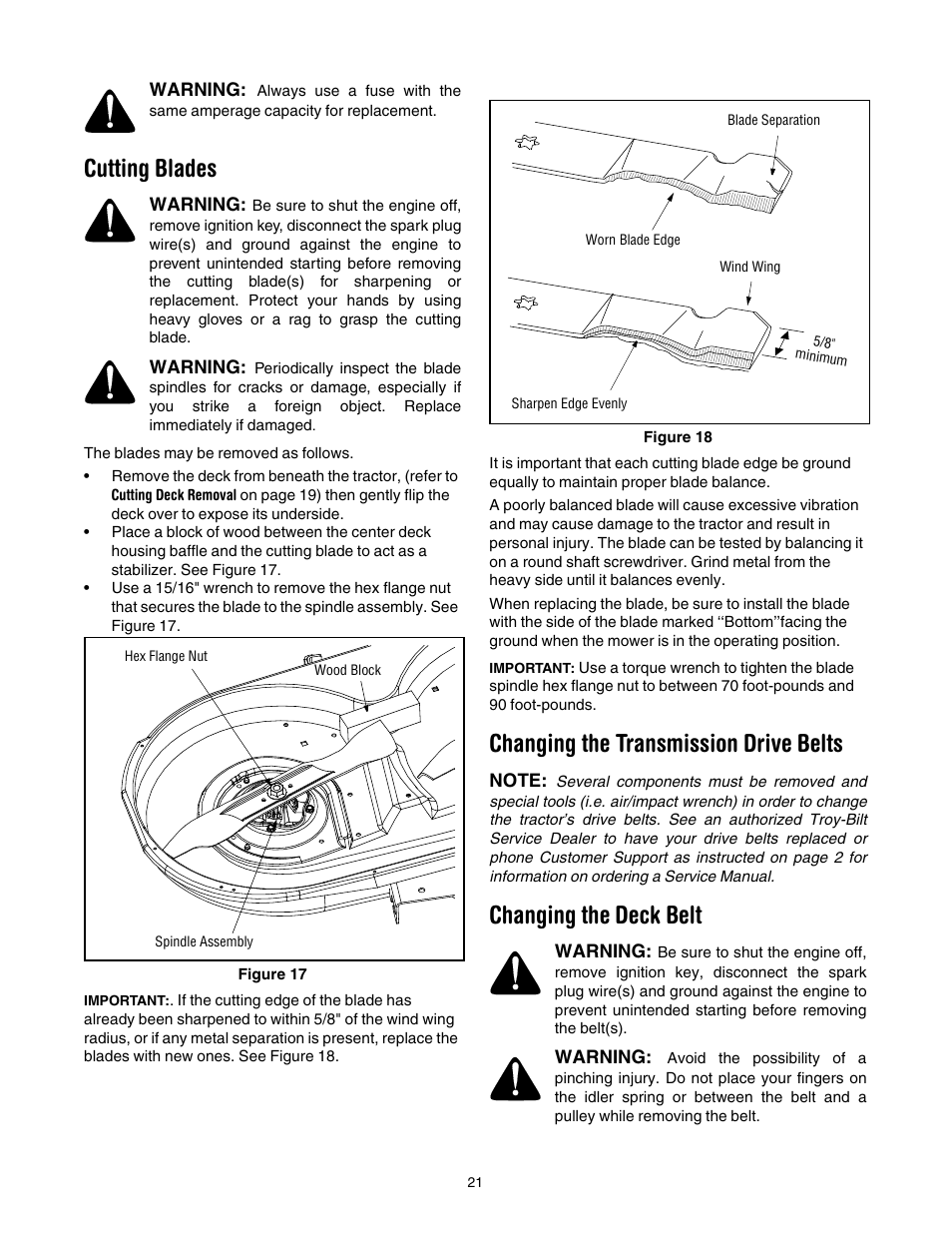 Cutting blades, Changing the transmission drive belts, Changing the deck belt | Cub Cadet WLT538 User Manual | Page 21 / 47