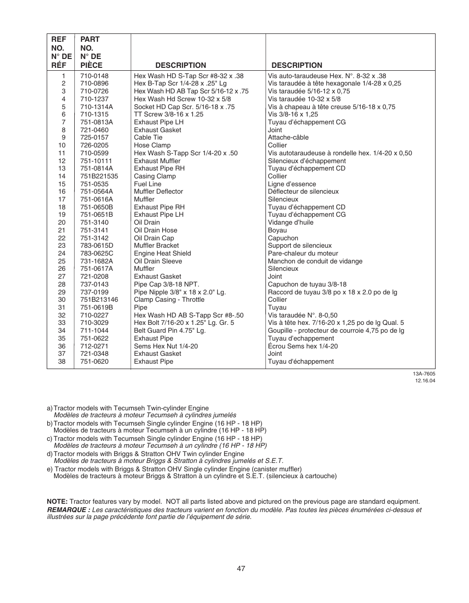 Cub Cadet WLT538 User Manual | Page 47 / 47