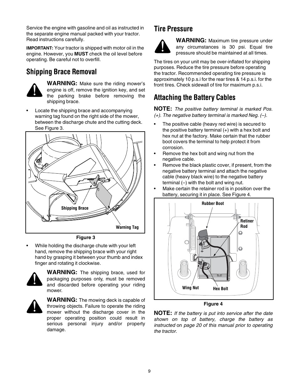 Shipping brace removal, Tire pressure, Attaching the battery cables | Cub Cadet WLT538 User Manual | Page 9 / 47