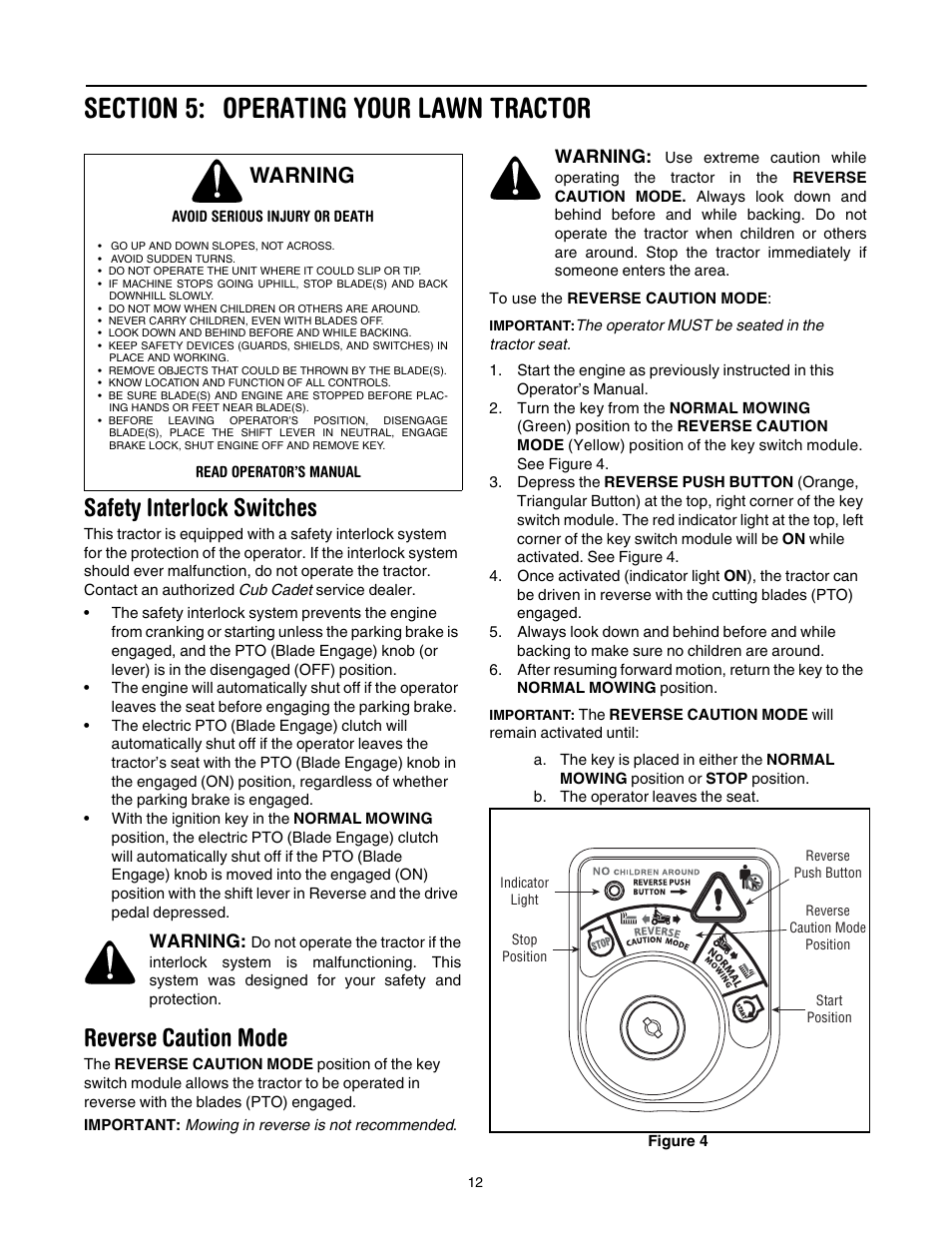Operating your lawn tractor, Safety interlock switches, Reverse caution mode | Warning | Cub Cadet LT1040 User Manual | Page 12 / 36
