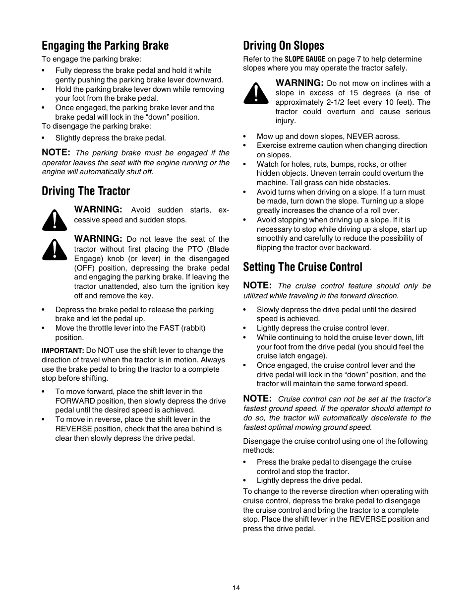 Engaging the parking brake, Driving the tractor, Driving on slopes | Setting the cruise control | Cub Cadet LT1040 User Manual | Page 14 / 36