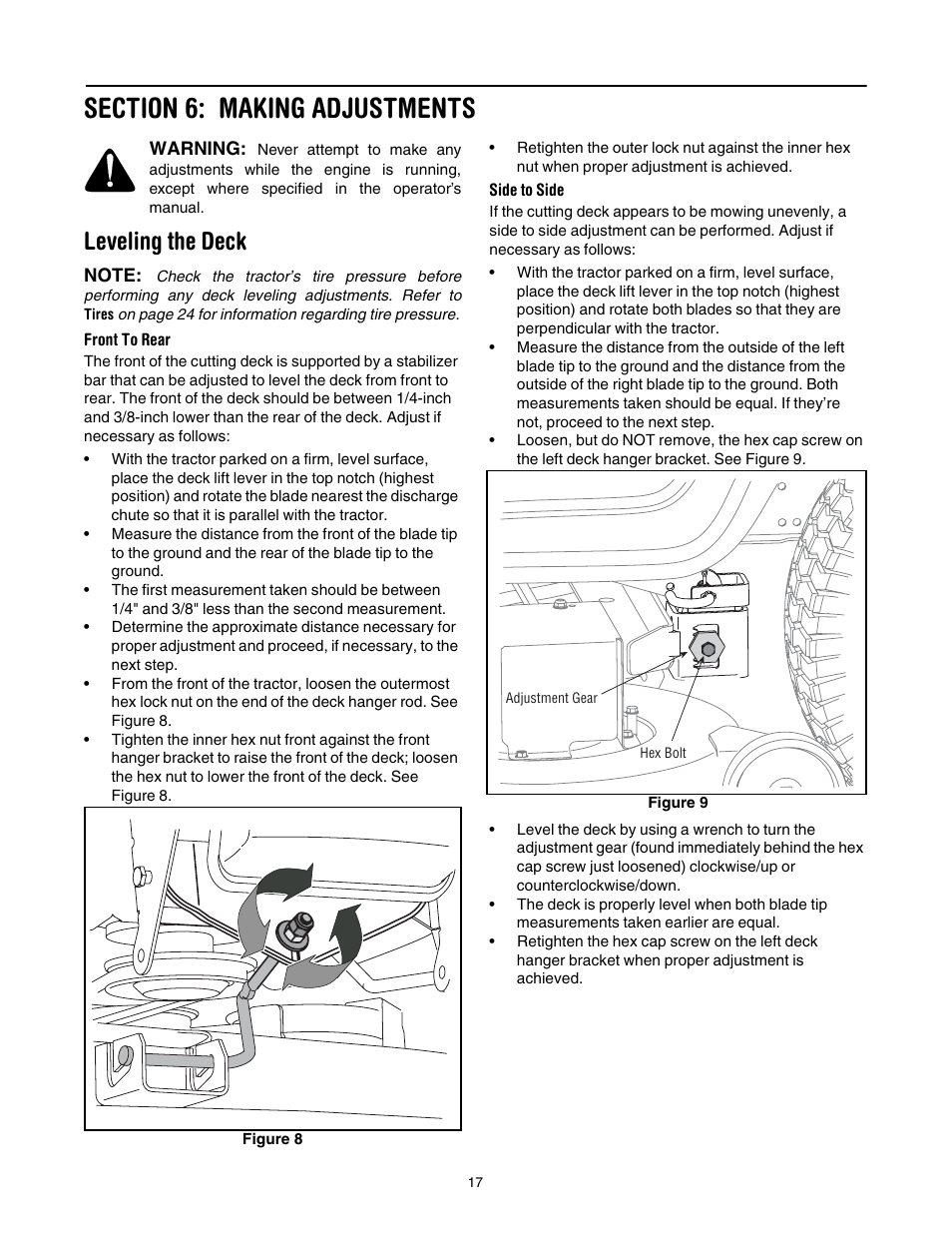 Leveling the deck | Cub Cadet LT1040 User Manual | Page 17 / 36