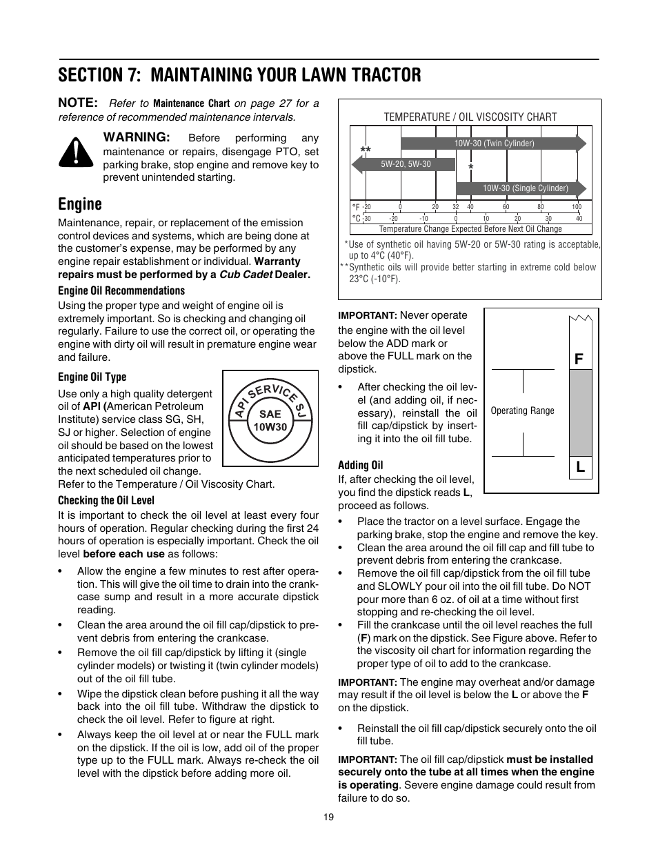 Engine, Warning | Cub Cadet LT1040 User Manual | Page 19 / 36