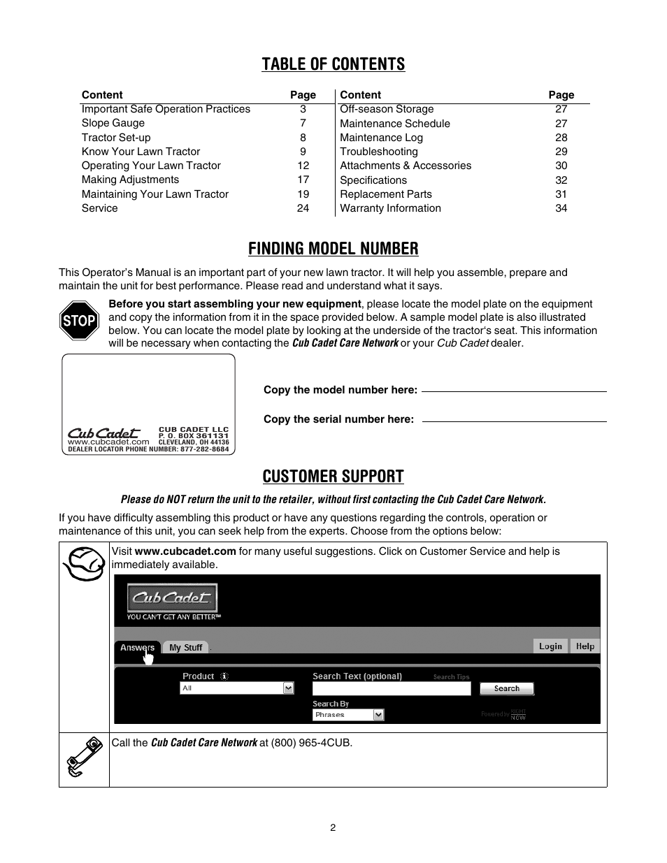 Table of contents finding model number, Customer support | Cub Cadet LT1040 User Manual | Page 2 / 36