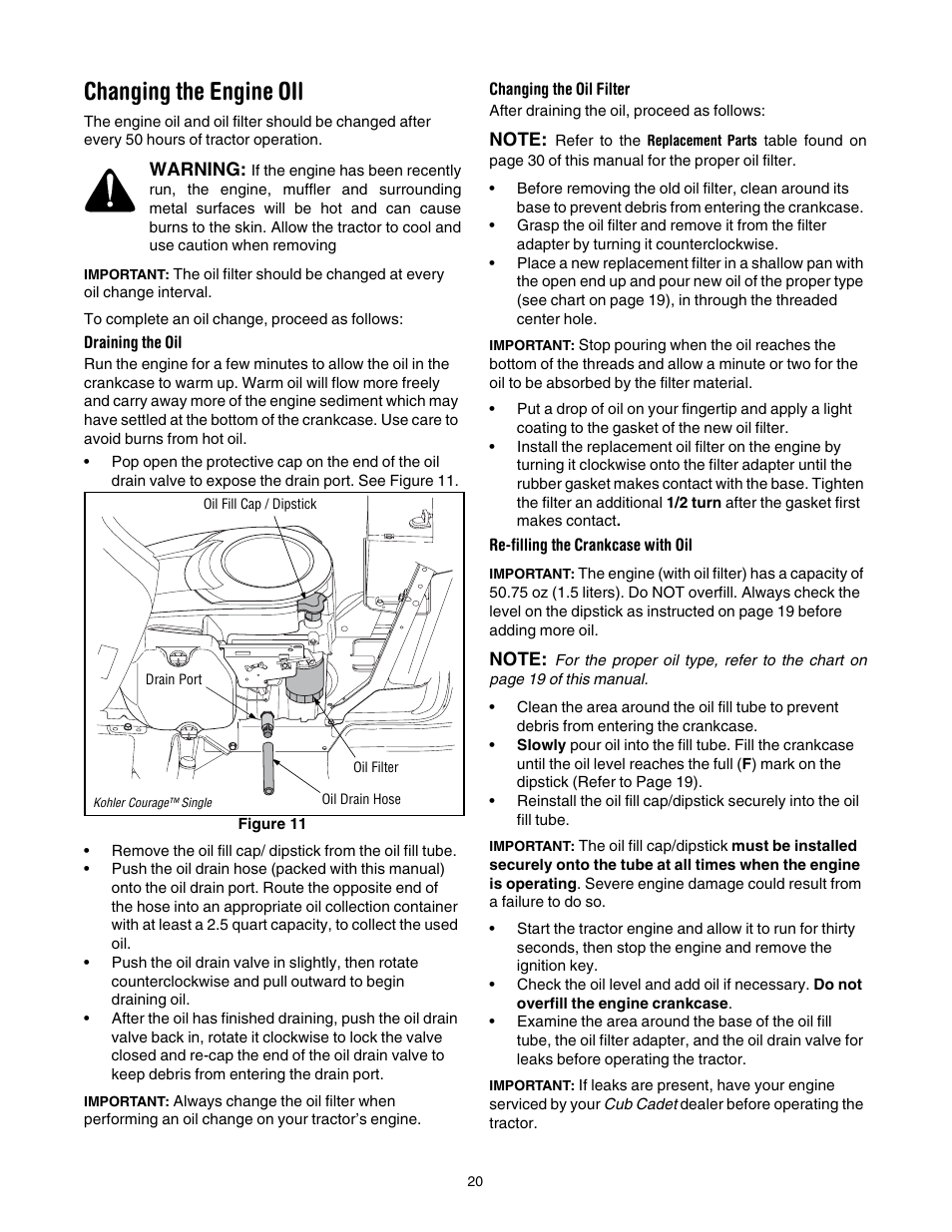 Changing the engine oil | Cub Cadet LT1040 User Manual | Page 20 / 36