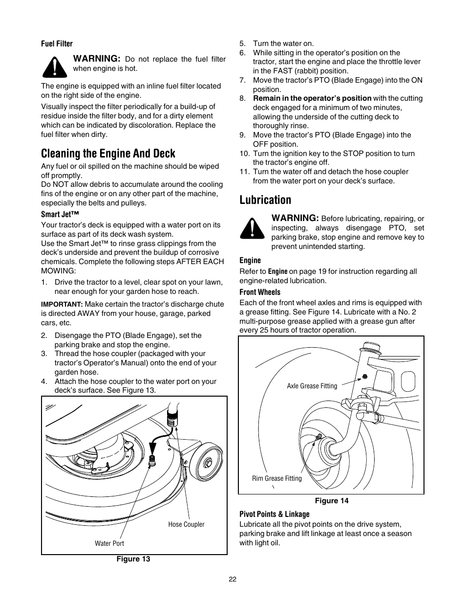 Cleaning the engine and deck, Lubrication | Cub Cadet LT1040 User Manual | Page 22 / 36