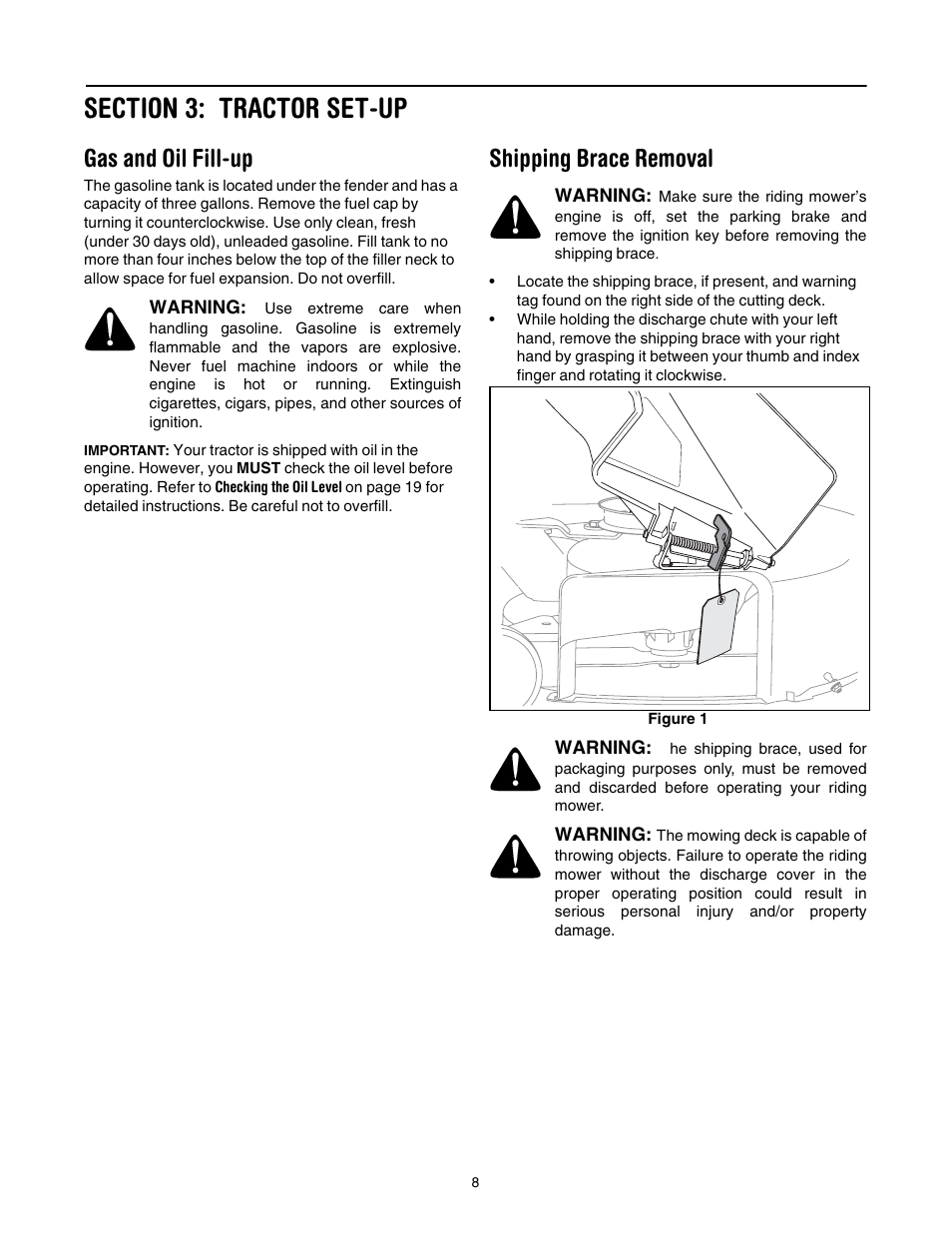Gas and oil fill-up, Shipping brace removal | Cub Cadet LT1040 User Manual | Page 8 / 36