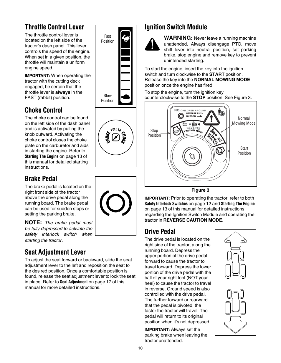 Throttle control lever, Choke control, Brake pedal | Seat adjustment lever, Ignition switch module, Drive pedal | Cub Cadet GT1554 User Manual | Page 10 / 36
