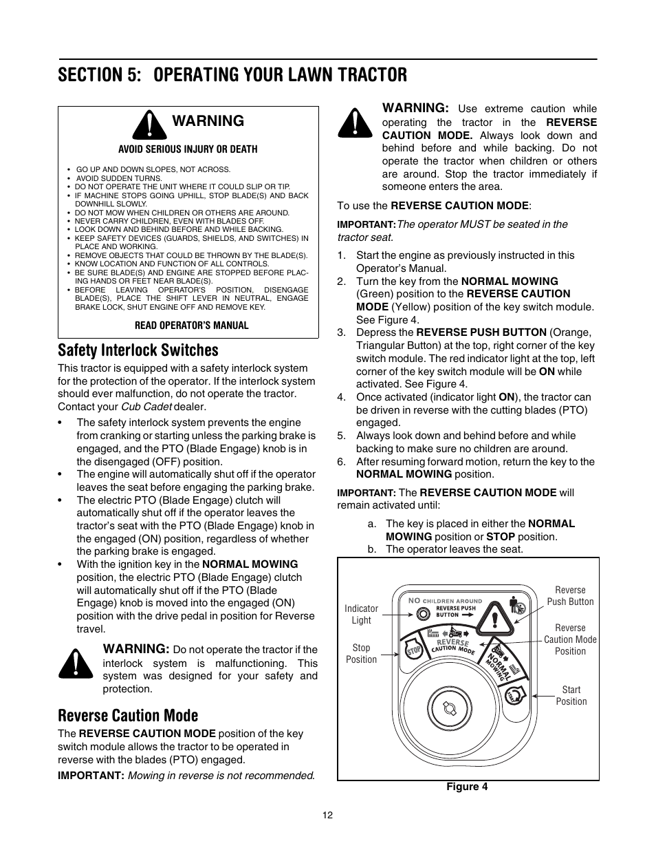 Section 5: operating your lawn tractor, Safety interlock switches, Reverse caution mode | Operating your lawn tractor, Warning | Cub Cadet GT1554 User Manual | Page 12 / 36