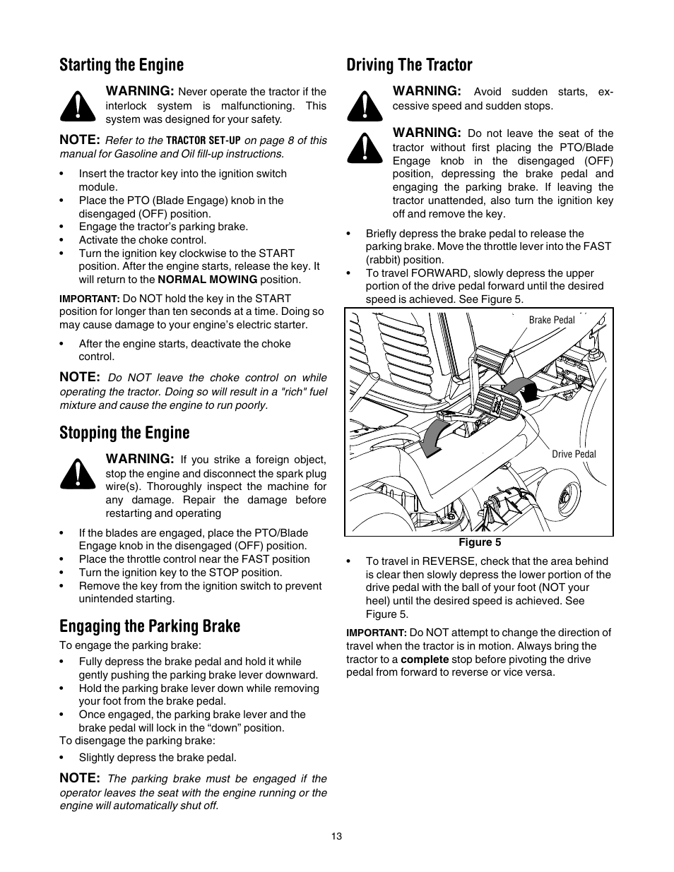 Starting the engine, Stopping the engine, Engaging the parking brake | Driving the tractor, E 13, 13 of | Cub Cadet GT1554 User Manual | Page 13 / 36