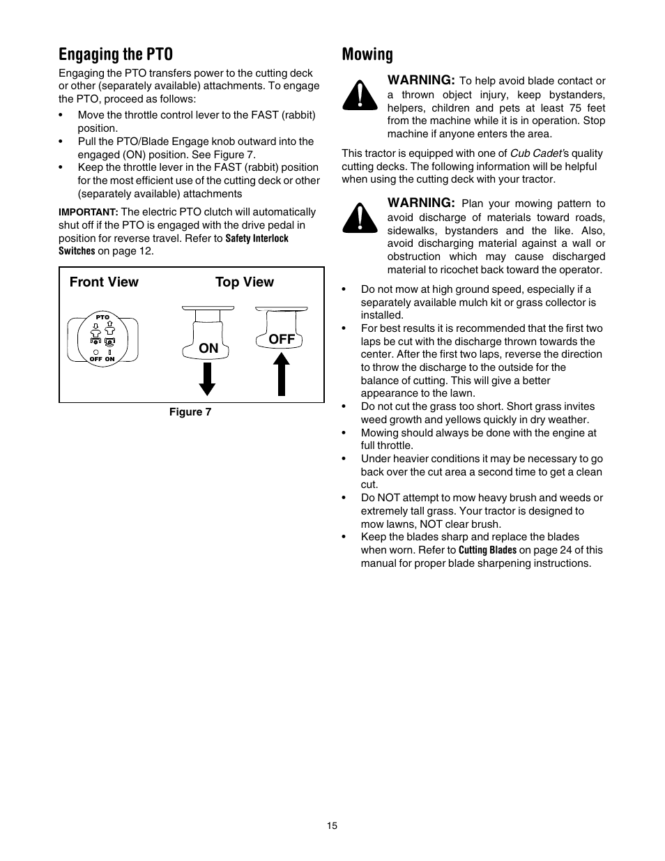 Engaging the pto, Mowing, Front view top view | Cub Cadet GT1554 User Manual | Page 15 / 36