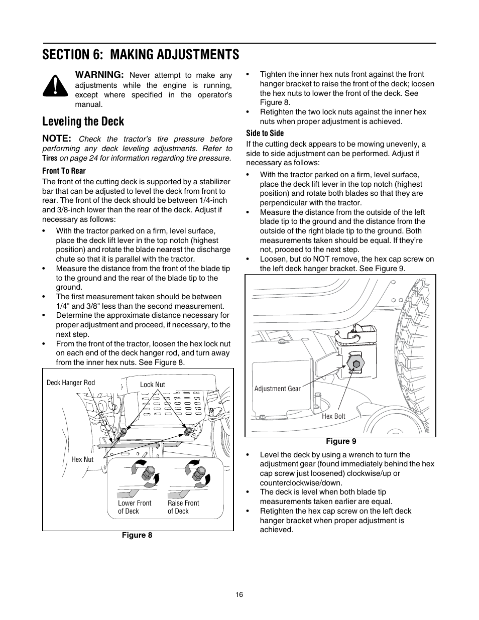 Section 6: making adjustments, Leveling the deck, E 16 | Cub Cadet GT1554 User Manual | Page 16 / 36