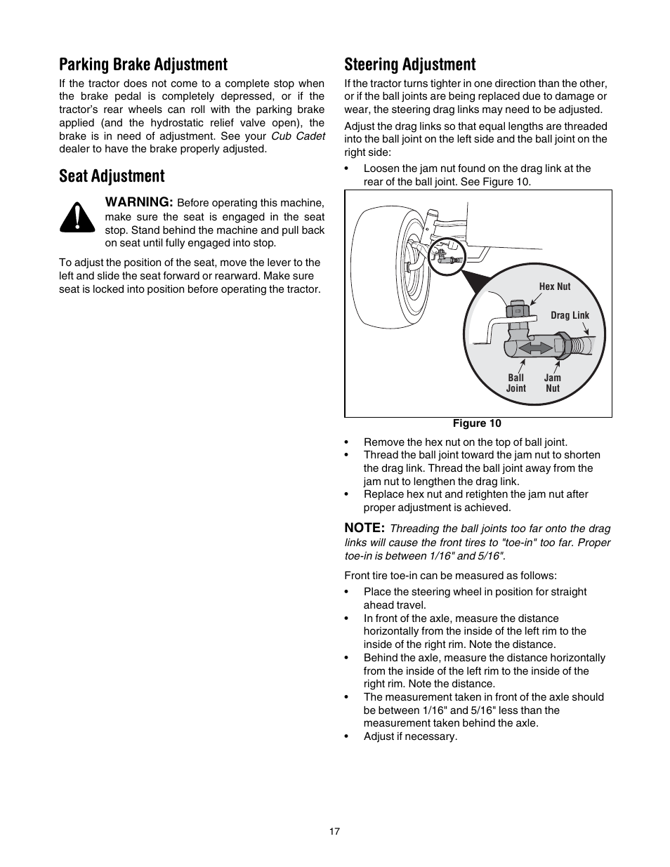 Parking brake adjustment, Seat adjustment, Steering adjustment | 17 of, See fig | Cub Cadet GT1554 User Manual | Page 17 / 36