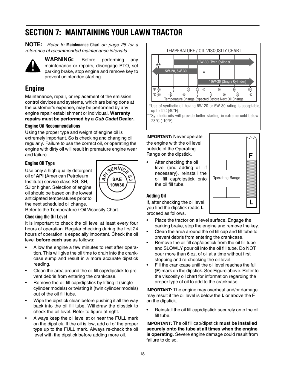 Section 7: maintaining your lawn tractor, Engine, Warning | Cub Cadet GT1554 User Manual | Page 18 / 36