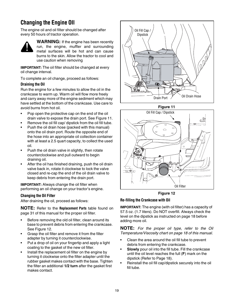 Changing the engine oil | Cub Cadet GT1554 User Manual | Page 19 / 36