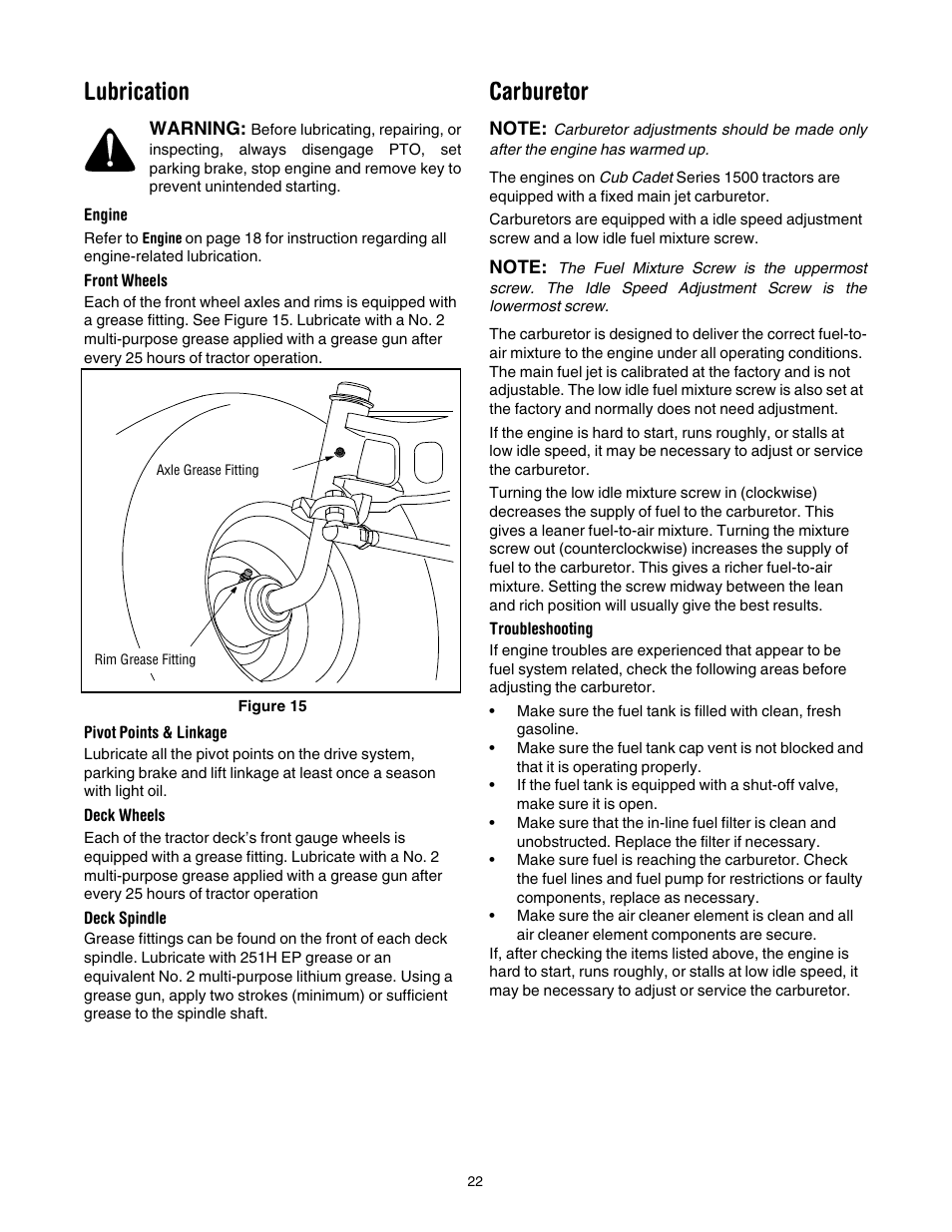 Lubrication, Carburetor | Cub Cadet GT1554 User Manual | Page 22 / 36