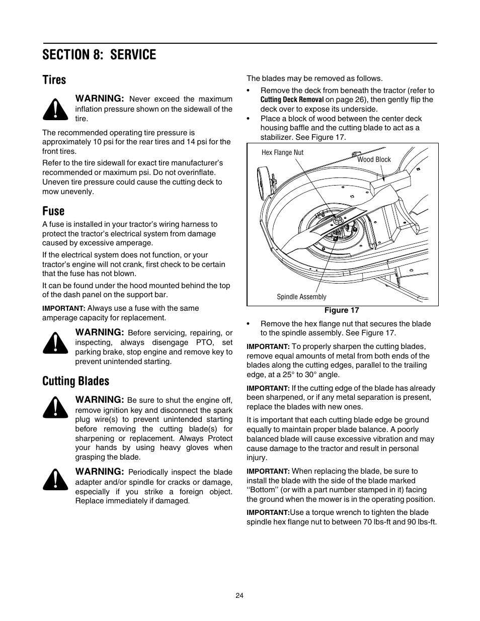 Section 8: service, Tires, Fuse | Cutting blades, 24 f | Cub Cadet GT1554 User Manual | Page 24 / 36