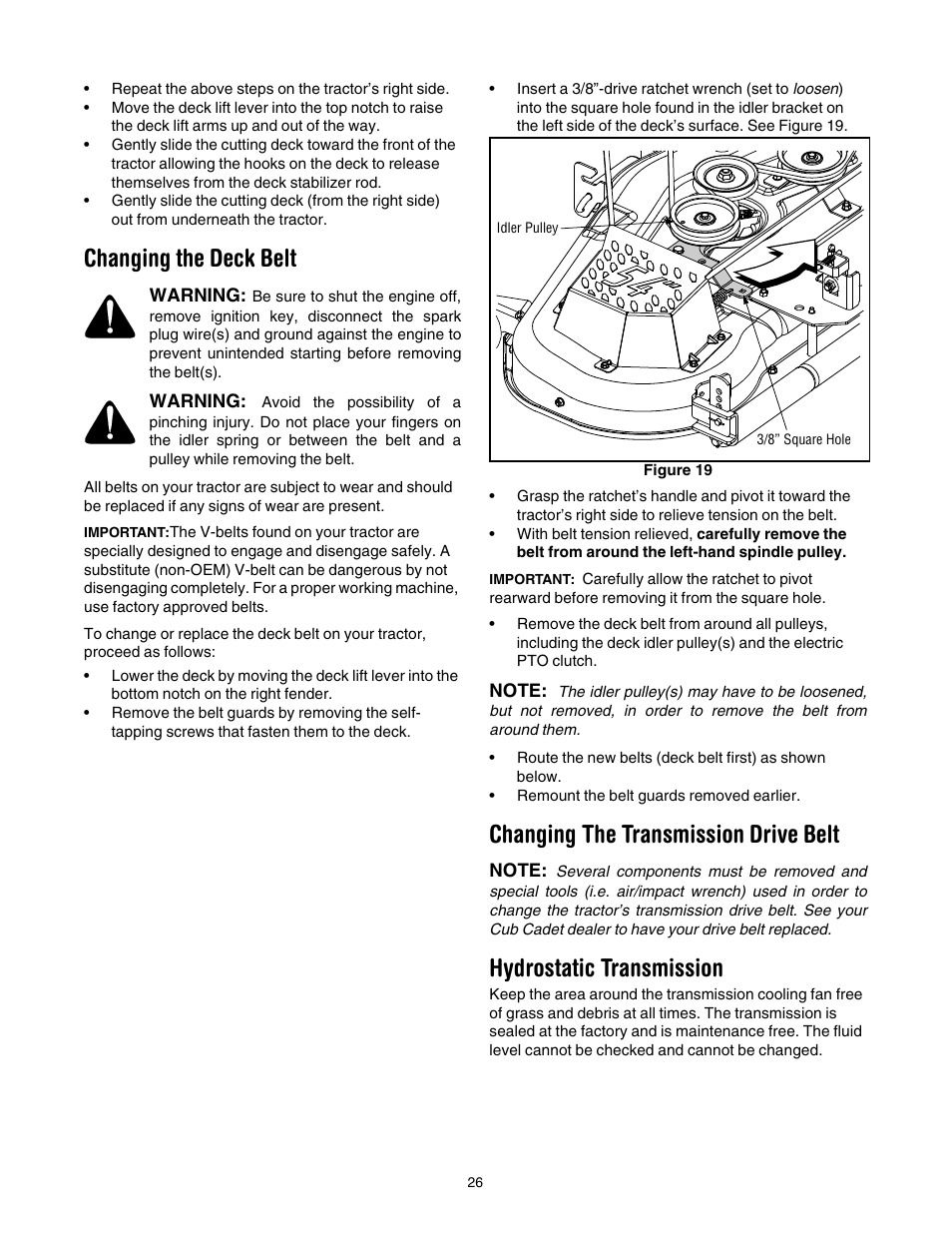 Changing the deck belt, Changing the transmission drive belt, Hydrostatic transmission | Cub Cadet GT1554 User Manual | Page 26 / 36