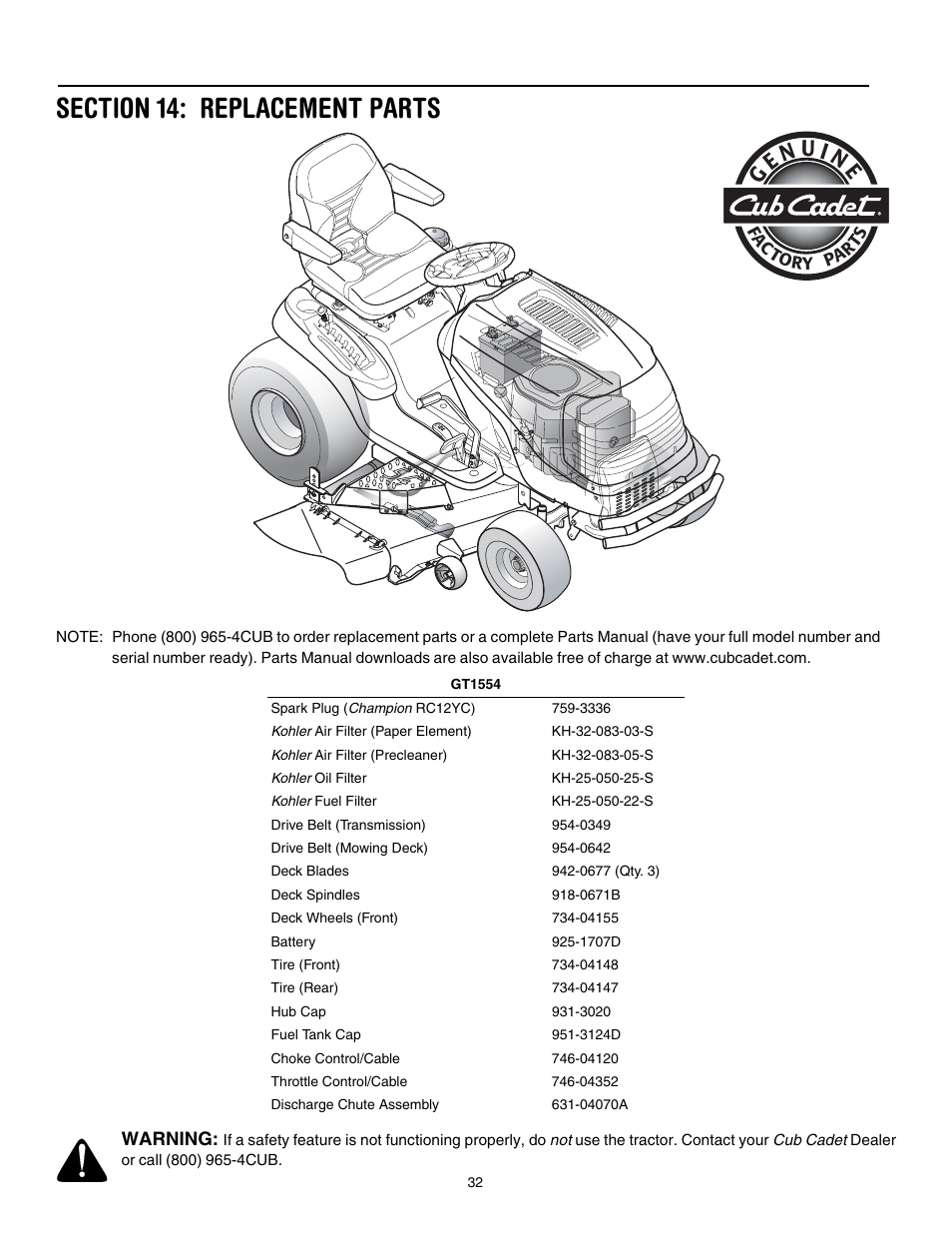 Section 14: replacement parts | Cub Cadet GT1554 User Manual | Page 32 / 36