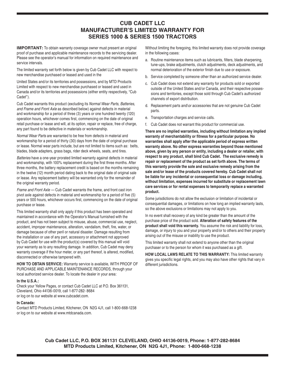 Cub Cadet GT1554 User Manual | Page 36 / 36